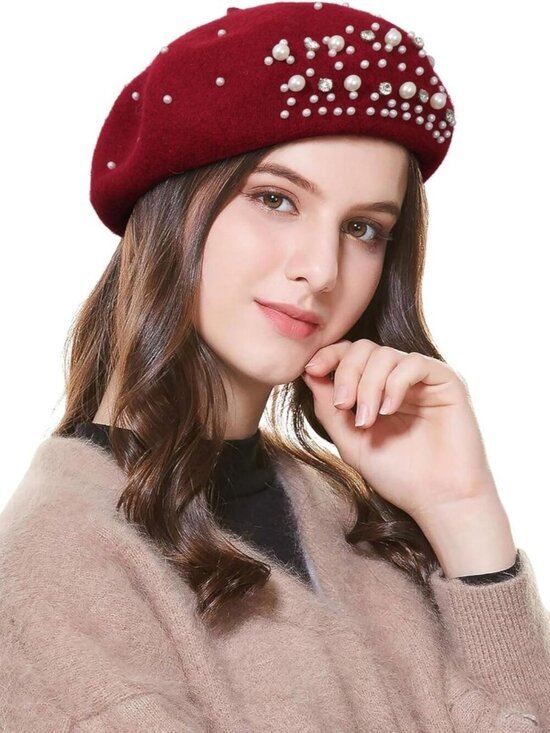 Women\'s Classic French Wool Beret Pearl & Rhinestone Embellishment Hat Burgundy